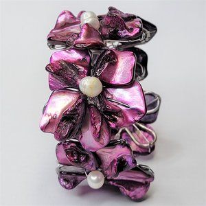 Dark Purple Pearl Adjustable Cuff Bangle Bracelet- NEW